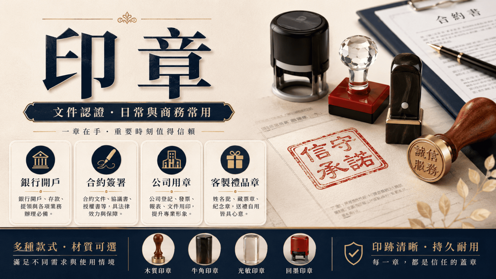 印章常用來辦理銀行開戶、公司登記、合約用印、結婚對章或個人印鑑